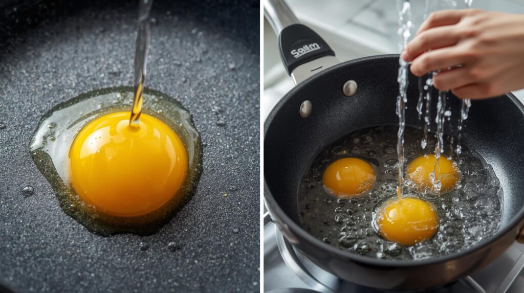 Close-up of cooking eggs in a non-stick frying pan with no oil