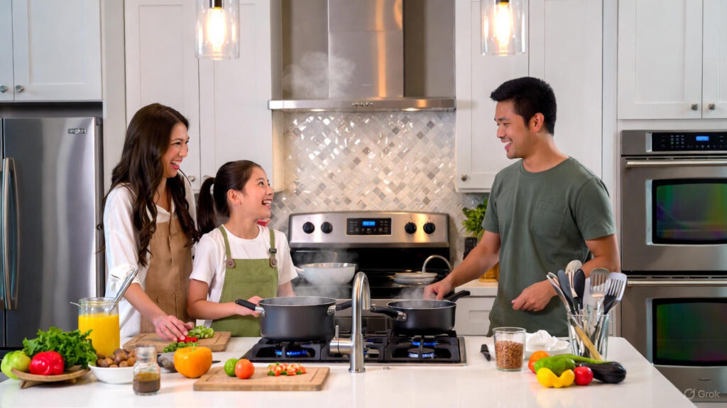 Family cooking together in a modern kitchen