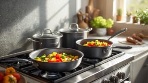 cookware set on gas stove cooking vegetables