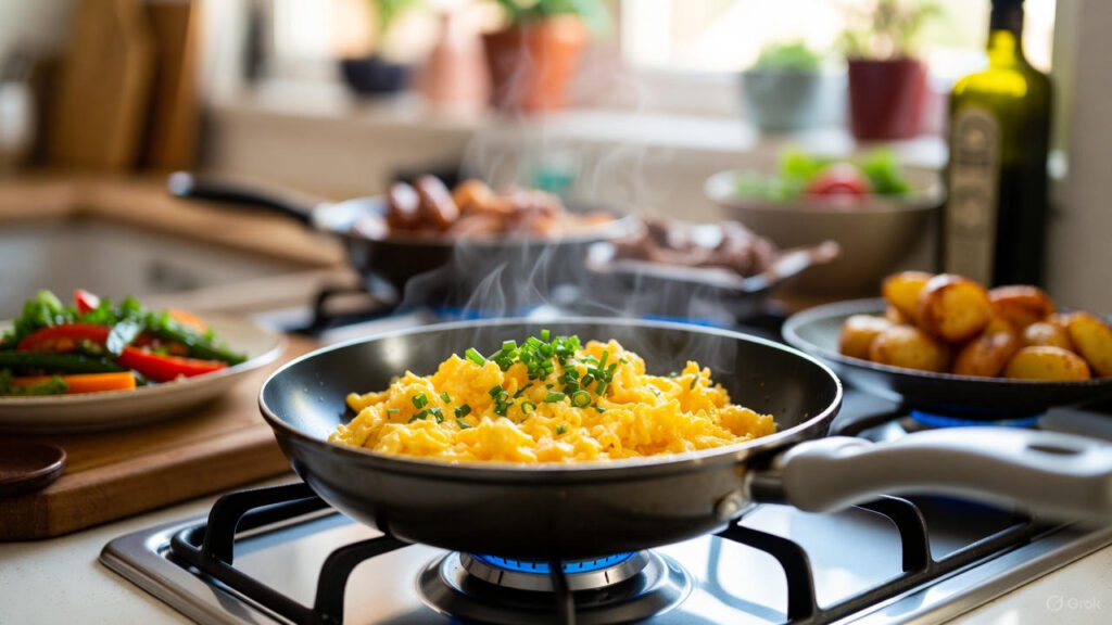 home cooked meal prepared in non stick frying pan on gas stove