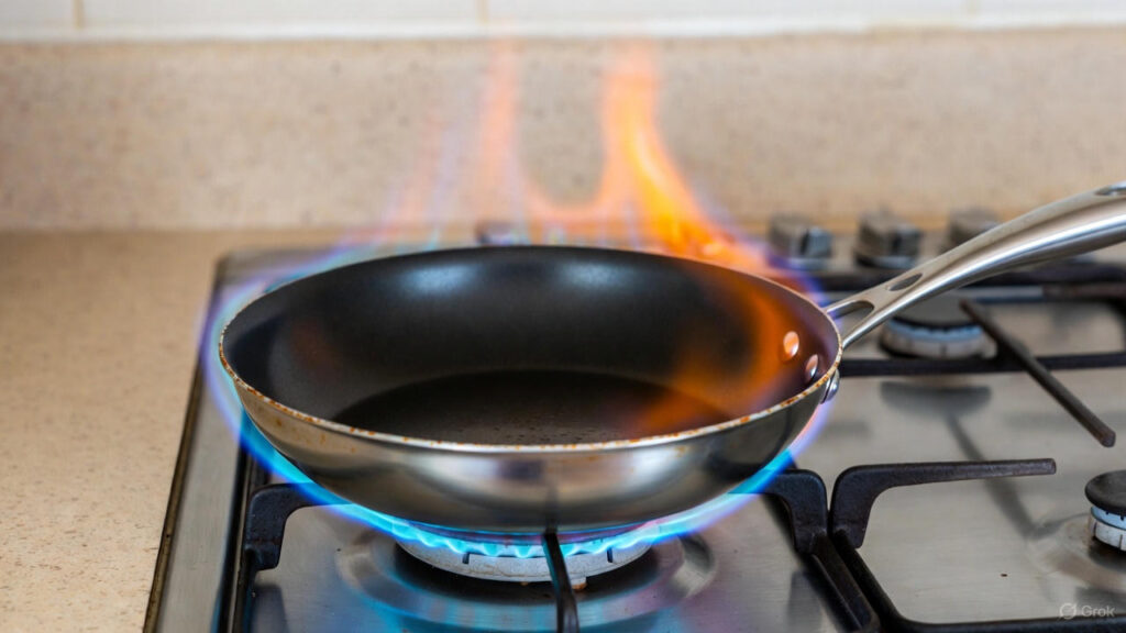 non stick frying pan exposed to high flame on gas stove showing incorrect use