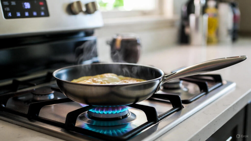 non stick frying pan for gas stove cooking eggs on a blue flame burner